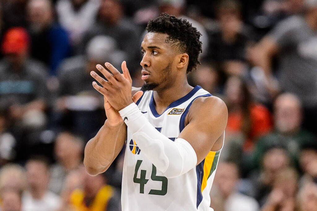 (Trent Nelson | The Salt Lake Tribune)  Utah Jazz guard Donovan Mitchell (45) as the Utah Jazz host the Phoenix Suns, NBA basketball in Salt Lake City on Monday March 25, 2019.