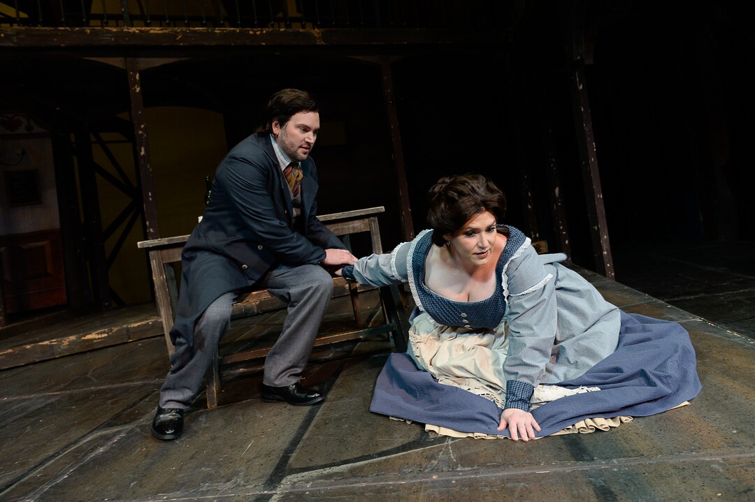 (Francisco Kjolseth  |  The Salt Lake Tribune)  Utah Opera's season opener, "La bohème," Puccini's popular tearjerker about starving artists in turn-of-the-century Paris, opens for five shows on Oct. 7, 2017. On set were: Jennifer Black (Mimì) and Scott Quinn (Rodolfo), acting out various scenes.