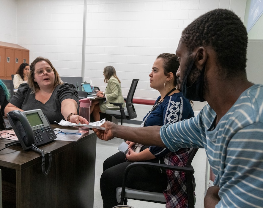 (Rick Egan | The Salt Lake Tribune) Case manager Courtney Blazor talks to Temitope Olaleye as part of the Jail Resource Reentry Program at the Salt Lake County Jail, on Thursday, Aug. 11, 2022.