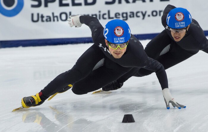 (Scott Sommerdorf   |  The Salt Lake Tribune)   
John-Henry Krueger on his way to winning the men's 1000 meter final during day 3 of the U.S. short-track Olympic Team Trials at the Utah Olympic Oval, Sunday, December 17, 2017.  
