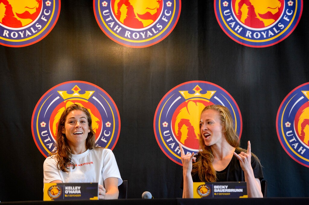 (Trent Nelson | The Salt Lake Tribune) Utah Royals defenders Kelley O'Hara and Becky Sauerbrunn spoke about their World Cup experiences at a news conference in Sandy on Wednesday, July 17, 2019.