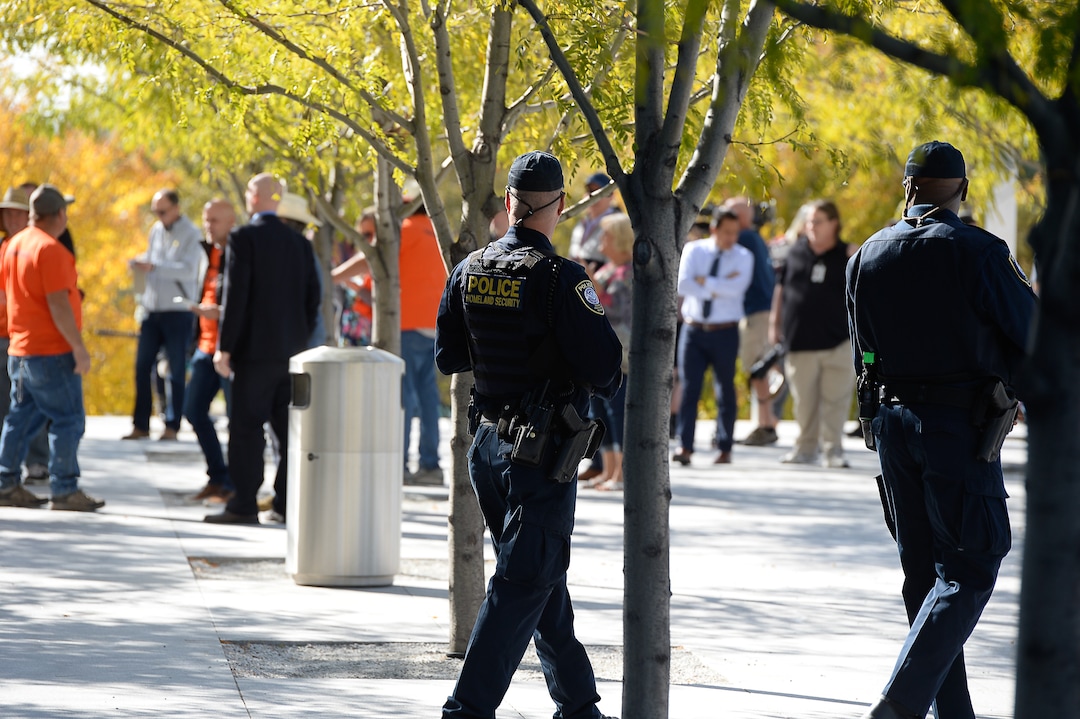 (Francisco Kjolseth  |  The Salt Lake Tribune)  Homeland security officers keep an eye on things as supporters of convicted fraudster Rick Koerber gather ahead of his court sentencing in Salt Lake City at the Federal Courthouse on Tuesday, Oct. 15, 2019, ending a nearly two decade white collar crime saga.