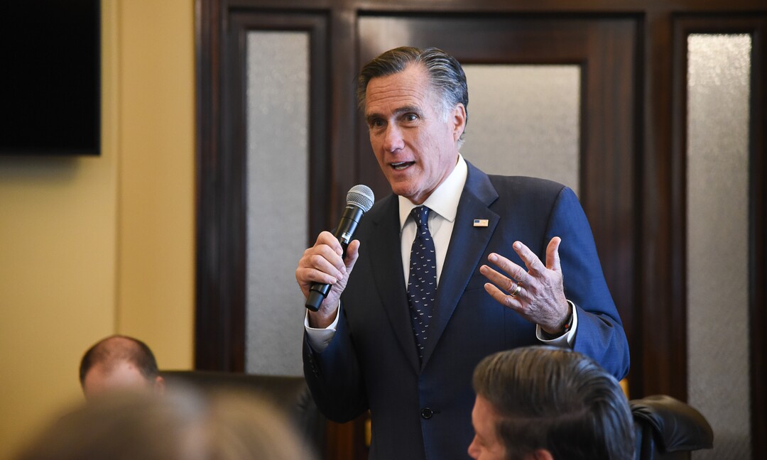 (Francisco Kjolseth  |  The Salt Lake Tribune)  Sen. Mitt Romney meets state lawmakers at the Utah Capitol as he speaks with members of the Republican House Caucus during a series of meetings on Thursday, Feb. 21, 2019.