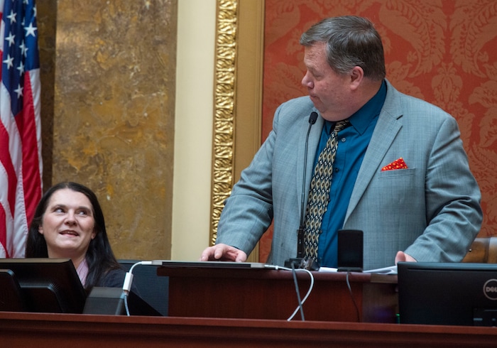 (Rick Egan  |  The Salt Lake Tribune)   Rep. Eric Hutchings breaks House protocol as he interrupts last-day business on the floor to announce that he and his wife Stacey are celebrating their 22nd wedding anniversary today. Thursday, March 14, 2019.