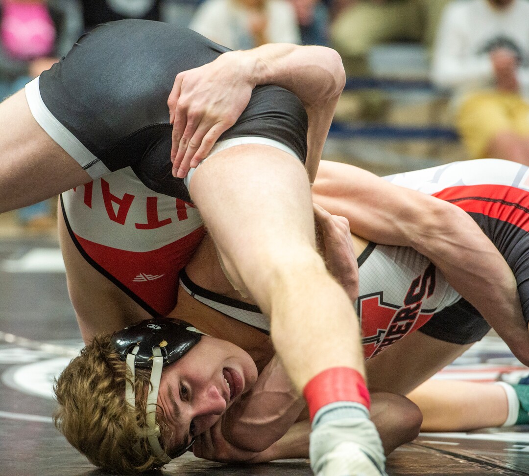 (Rick Egan | The Salt Lake Tribune) Brady Merkley (Uintah) wrestle Drew Lang (West) in the 138 division at the High School All Star wrestling event in Orem, on Tuesday, Jan. 12, 2021.