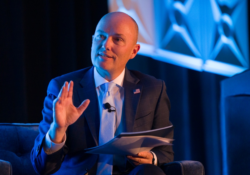 (Bethany Baker  |  The Salt Lake Tribune) Gov. Spencer Cox speaks during a panel during the 2025 AI Summit at Salt Palace Convention Center in Salt Lake City on Tuesday, Dec. 2, 2025.