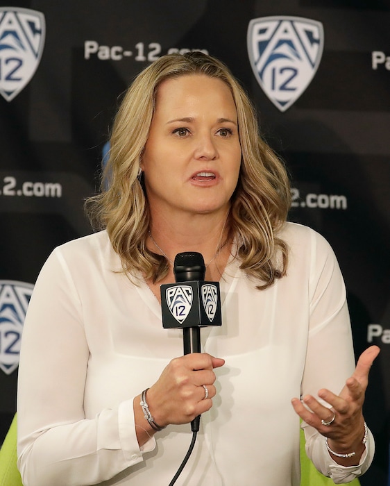 Utah head coach Lynne Roberts speaks during NCAA college basketball Pac-12 women's media day in San Francisco, Wednesday, Oct. 10, 2018. (AP Photo/Jeff Chiu)