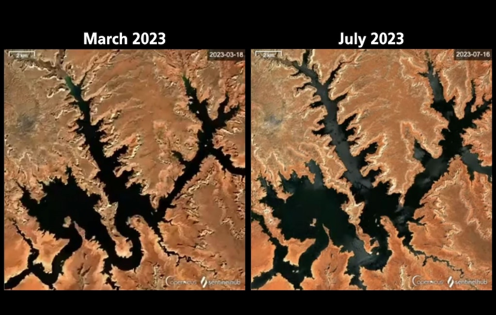 (Christopher Cherrington | The Salt Lake Tribune) Lake Powell’s water content is up by about 50% compared to last year. Even since March, the difference depicted in these satellite images is glaring. But that doesn’t mean the drought is over.