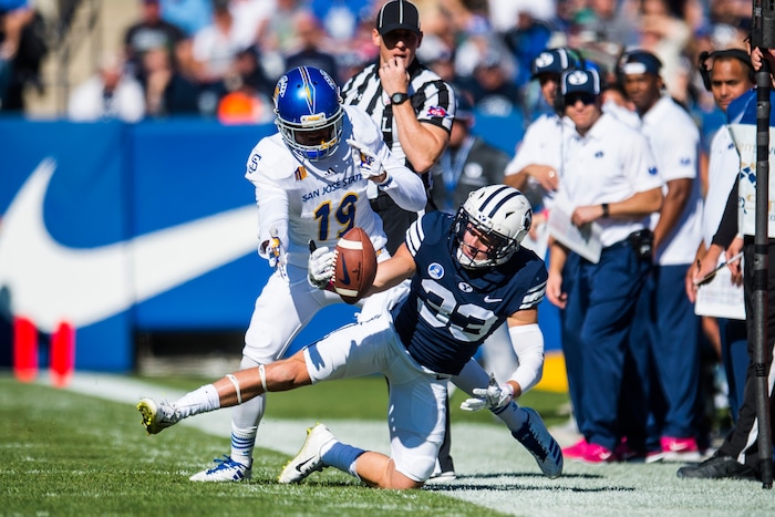 (Chris Detrick  |  The Salt Lake Tribune)  Brigham Young Cougars wide receiver Beau Tanner (33) can't make a catch while being covered by San Jose State Spartans cornerback Dakari Monroe (19) during the game at LaVell Edwards Stadium Saturday, October 28, 2017.  
