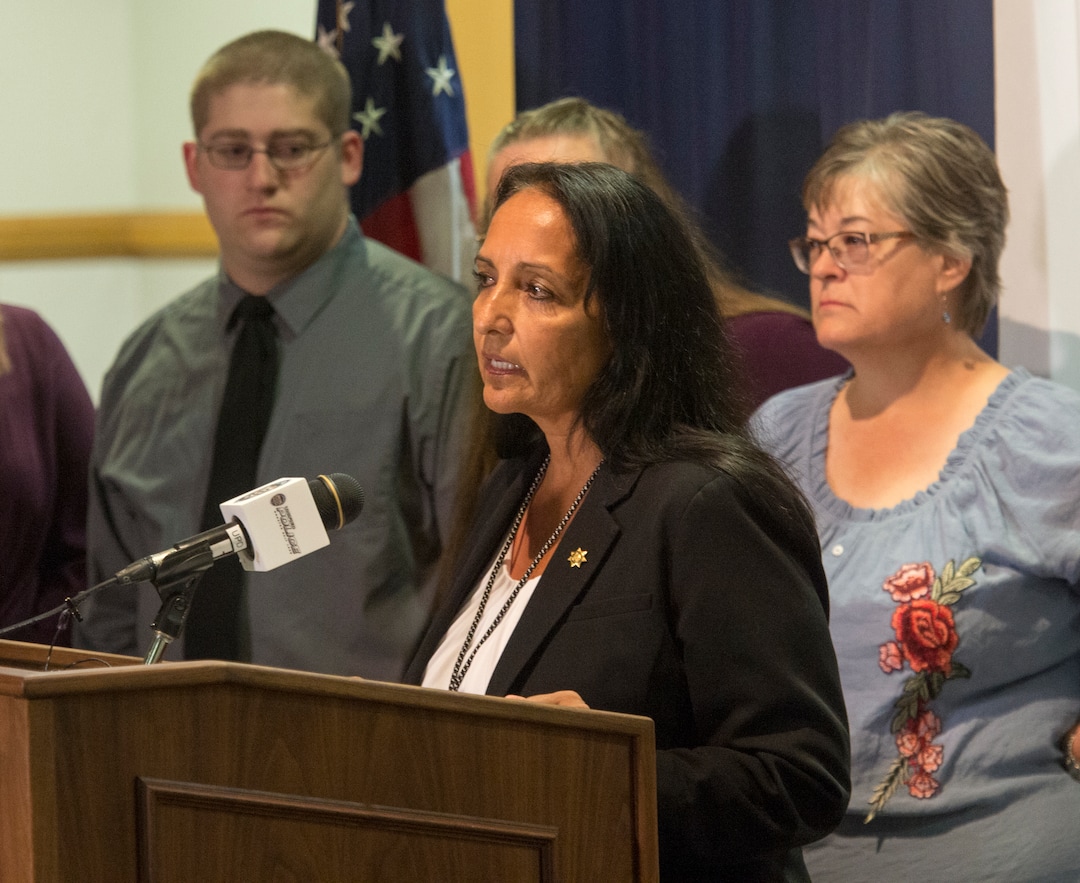 (Rick Egan  |  The Salt Lake Tribune)  Salt Lake County Sheriff Rosie Rivera speaks at a news conference about the death of homicide victim Valerie Sue Brantzeg, at the Salt Lake County Sheriff's office, Friday, Sept. 7, 2018. Formal charges have been filed against Walter Eugene Brantzeg, Valerie's estranged husband, in her death.