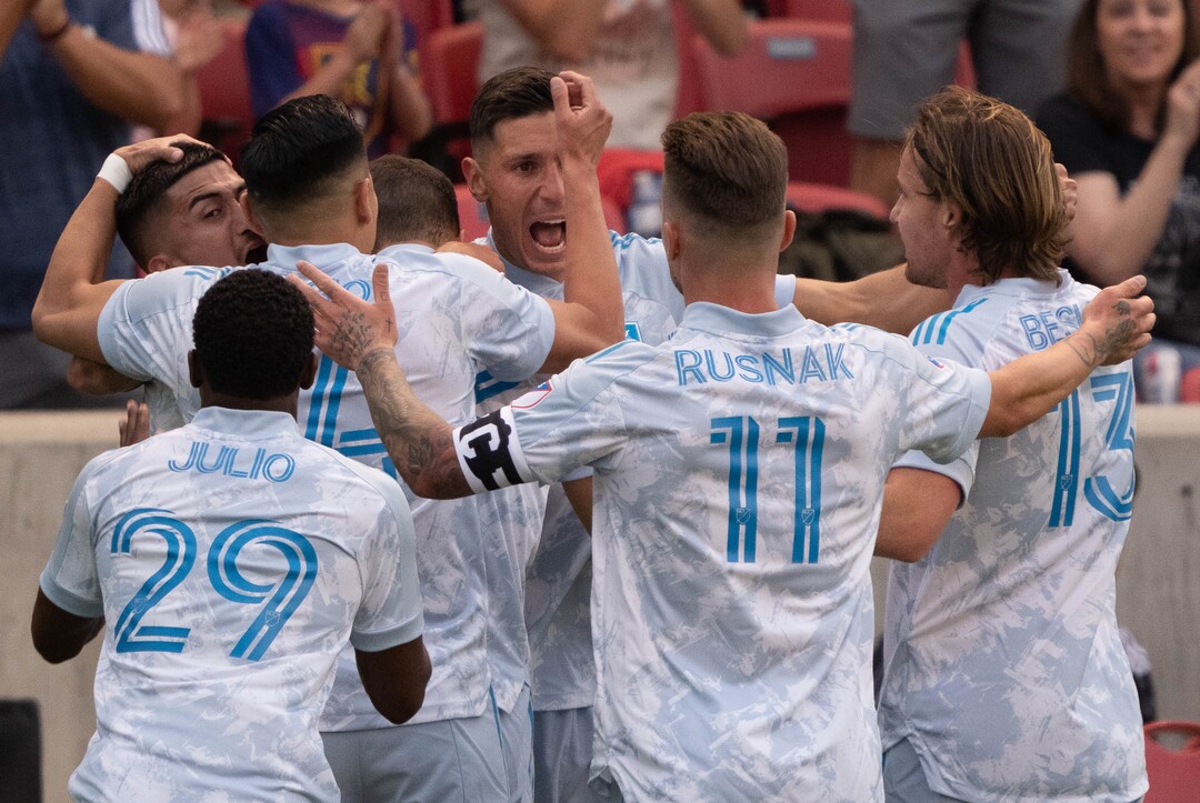(Francisco Kjolseth | The Salt Lake Tribune) Real Salt Lake midfielder Damir Kreilach (8), center, celebrates his goal to put RSL up 1-0 in MLS action between Real Salt Lake and Minnesota United FC at Rio Tinto Stadium in Sandy, on Saturday, May 29, 2021.