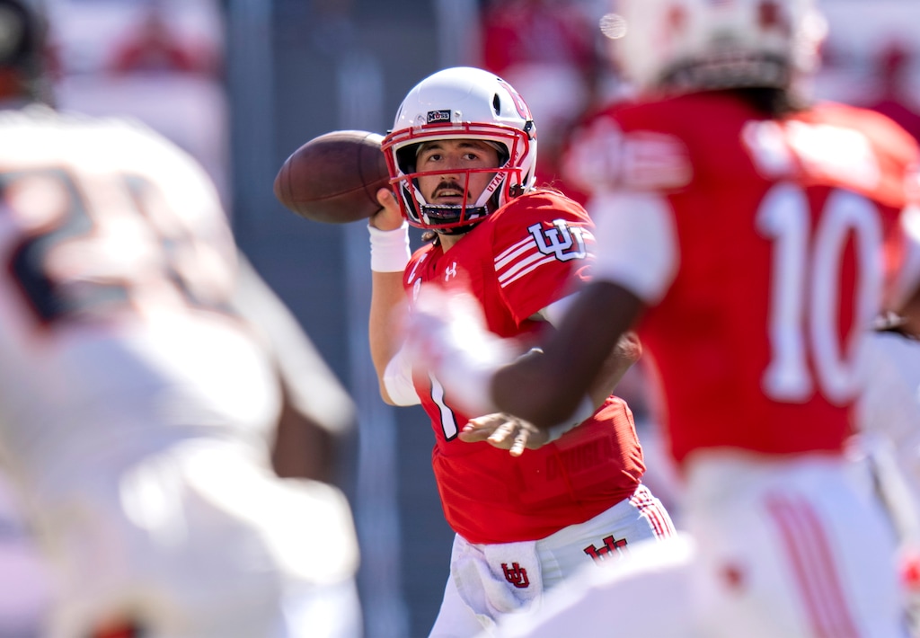 Utah Utes quarterback Cameron Rising (7) looks downfield in, in PAC 12 football action between the Utah Utes and the Oregon State Beavers, at Rice-Eccles Stadium in Salt Lake City, on Saturday, Oct. 1, 2022.