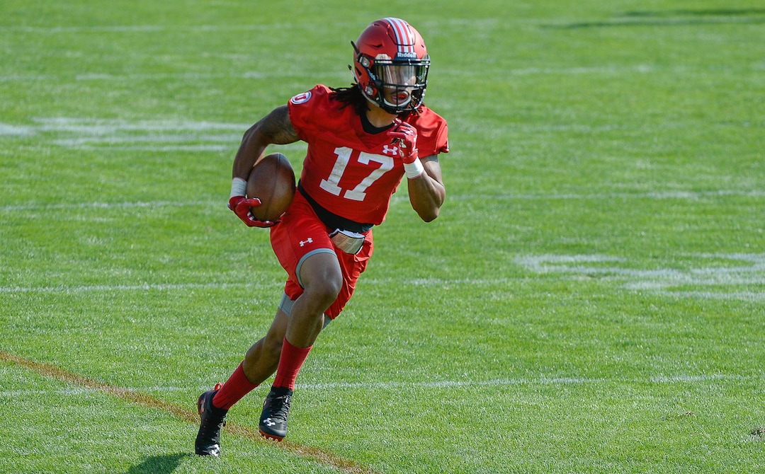 (Francisco Kjolseth  |  The Salt Lake Tribune)  Receiver Derrick Vickers, #17, runs the ball as the Utah football team takes to the practice field for day one of the season on Wed. Aug. 1, 2018.