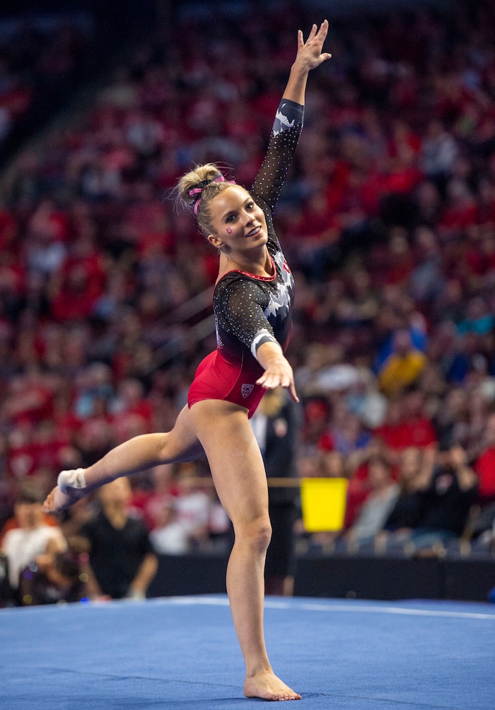 (Rick Egan  |  The Salt Lake Tribune)    MyKayla Skinner scores a10 on the floor exercise for Utah, in the PAC-12 Gymnastics Championships at the Maverik Center, Saturday, March 23, 2019.


