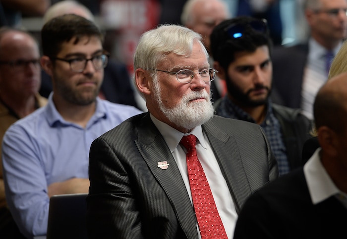 (Scott Sommerdorf | The Salt Lake Tribune)
University of Utah President David W. Pershing listens from the audience as members of the newly-announced Olympic/Paralympic Exploratory Committee (OEC) met with members of the media to outline their reasons for exploring the possibility of hosting a future Olympic Winter Games, Thursday, October 19, 2017.