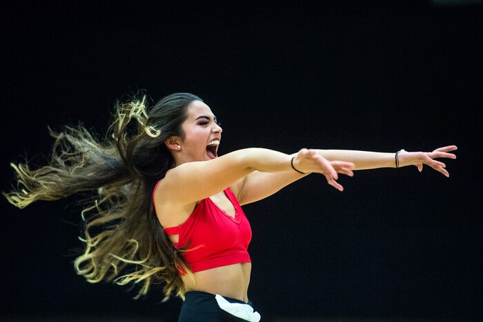 Chris Detrick | The Salt Lake Tribune
Andrea Tuchez dances during the audition at West High School Saturday, July 8, 2017. 125 women auditioned for sixteen spots on the America First Jazz Dancers team.