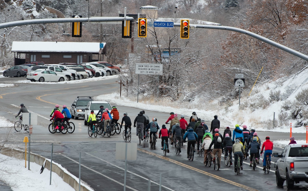 (Francisco Kjolseth  | The Salt Lake Tribune) People participate in a memorial bike ride along Wasatch Blvd in Salt Lake City on Sunday, Feb. 14, 2021, in honor of the four who died in an avalanche on Saturday, Feb. 6.