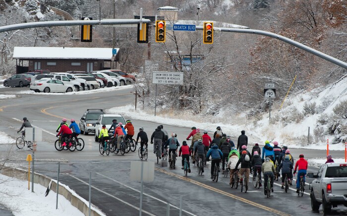 (Francisco Kjolseth  | The Salt Lake Tribune) People participate in a memorial bike ride along Wasatch Blvd in Salt Lake City on Sunday, Feb. 14, 2021, in honor of the four who died in an avalanche on Saturday, Feb. 6.