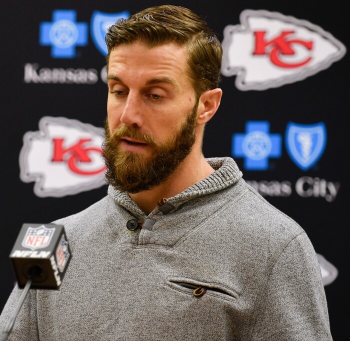 Kansas City Chiefs quarterback Alex Smith speaks during a news conference after an NFL divisional playoff football game against the Pittsburgh Steelers Sunday, Jan. 15, 2017, in Kansas City, Mo. The Steelers won 18-16. (AP Photo/Ed Zurga)