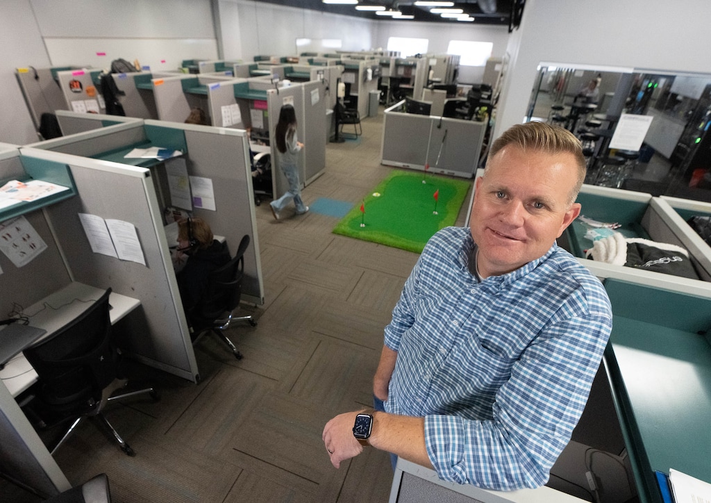 (Francisco Kjolseth | The Salt Lake Tribune) Carter Buck, CEO of EngageX in Provo, a company that does appointment scheduling for national insurance companies, is pictured on Wednesday, Oct. 4, 2023. The company is recognized as one of The Salt Lake Tribune's Top Workplaces.