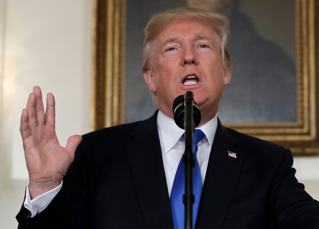 President Donald Trump speaks on Iran policy from the Diplomatic Reception Room of the White House, Friday, Oct. 13, 2017, in Washington. (AP Photo/Evan Vucci)