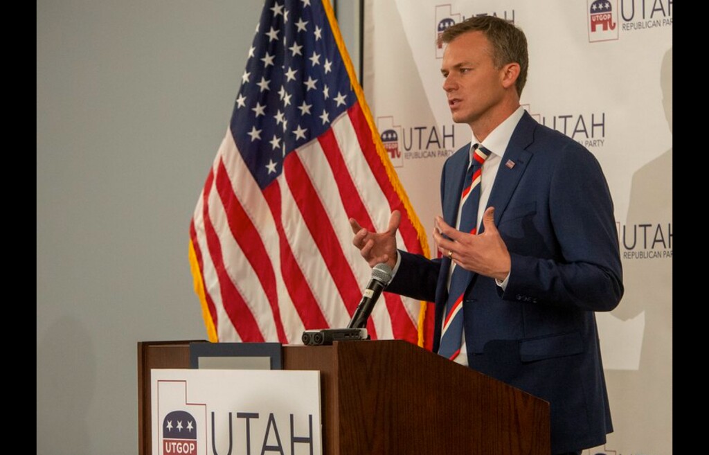 (Rick Egan | The Salt Lake Tribune) Utah 1st District candidate Blake Moore speaks at the Utah Association of Realtors office where GOP candidates gathered in Sandy, on Tuesday, Nov. 3, 2020. Moore was elected to Congress, defeating Democratic candidate Darren Parry.
