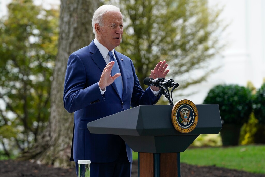 (Susan Walsh | The Associated Press) President Joe Biden speaks outside the White House on Oct. 8, 2021. Members of Latter-day Saints for Biden-Harris are calling on people to back Biden's "Build Back Better" framework.