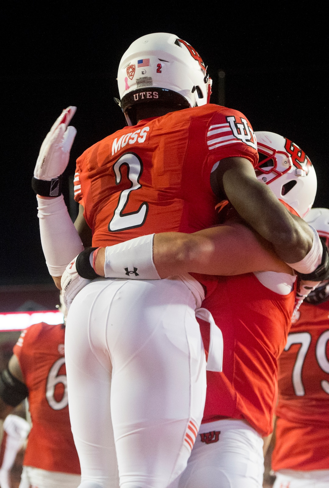 (Rick Egan  |  The Salt Lake Tribune)Utah celebrates the touchdown by running back Zack Moss (2) in PAC-12 football action, Utah Utes vs. Stanford Cardinals, at Rice-Eccles Stadium, Saturday, October 7, 2017.