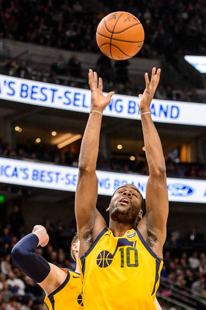(Trent Nelson | The Salt Lake Tribune)  Utah Jazz guard Alec Burks (10) pulls in a rebound as the Utah Jazz host the Phoenix Suns, NBA basketball in Salt Lake City, Wednesday Feb. 14, 2018.