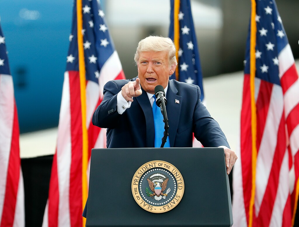 President Donald Trump speaks during a campaign rally in Greenville, N.C., Thursday, Oct. 15, 2020. (AP Photo/Karl DeBlaker)