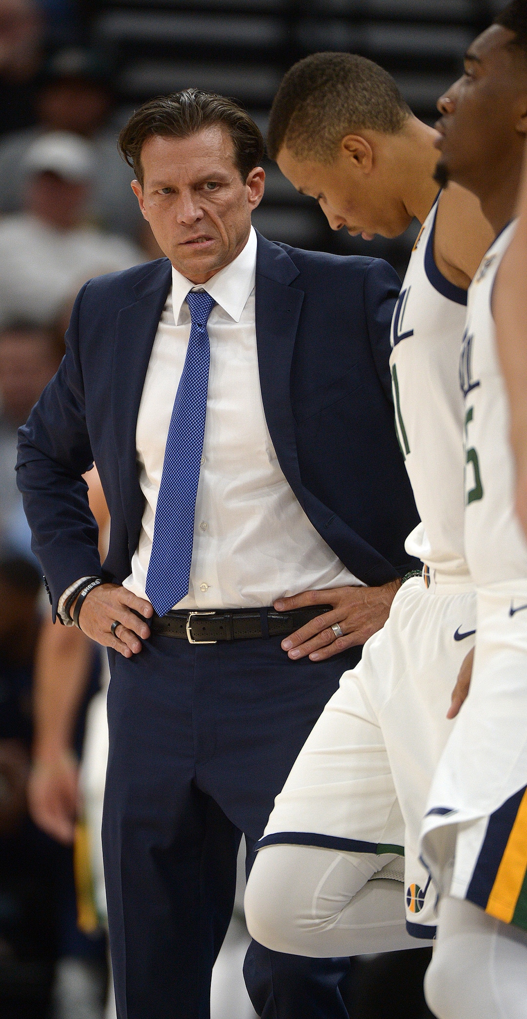 (Leah Hogsten  |  The Salt Lake Tribune)  Utah Jazz head coach Quin Snyder looks to Utah Jazz guard Dante Exum (11) as he heads into the game in the first quarter. The Utah Jazz defeated the Phoenix Suns 112-101 during preseason NBA basketball at Vivint Smart Home Arena in Salt Lake City, October 6, 2017.