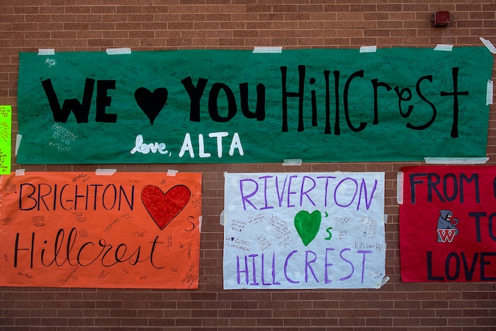 (Chris Detrick  |  The Salt Lake Tribune)    Signs from other area high schools hang on the wall before the game at Hillcrest High School Friday, September 1, 2017. Cazzie Brown passed away Sunday night after spending four days in the hospital. According to a family representative, Brown was brought to the emergency room Wednesday for complications with his thyroid. The doctors found that he had contracted meningitis, and later received a preliminary positive after being tested for West Nile virus. 