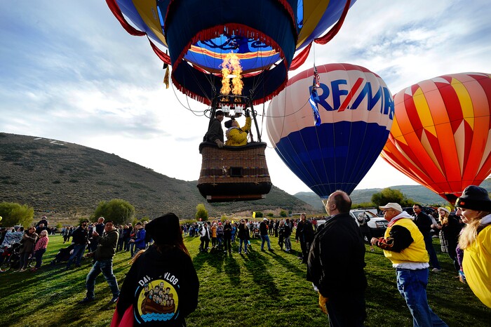 (Scott Sommerdorf | The Salt Lake Tribune)
Balloons launch at the 4th annual Autumn Aloft Hot Air Balloon Festival in Park City, Sunday, September 17, 2017.