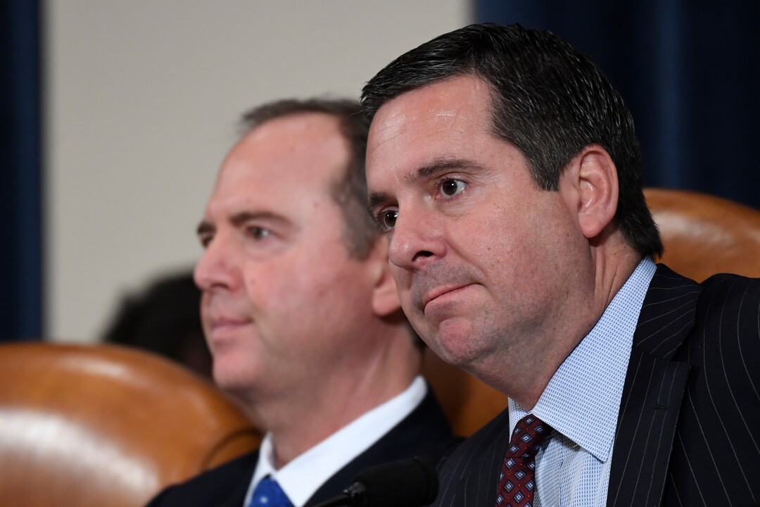 (Susan Walsh  |  AP photo) House Intelligence Committee Chairman Adam Schiff, D-Calif., and ranking member Rep. Devin Nunes of Calif., listen to questioning of U.S. Ambassador to the European Union Gordon Sondland as he testifies before the House Intelligence Committee on Capitol Hill in Washington, Wednesday, Nov. 20, 2019, during a public impeachment hearing of President Donald Trump's efforts to tie U.S. aid for Ukraine to investigations of his political opponents.