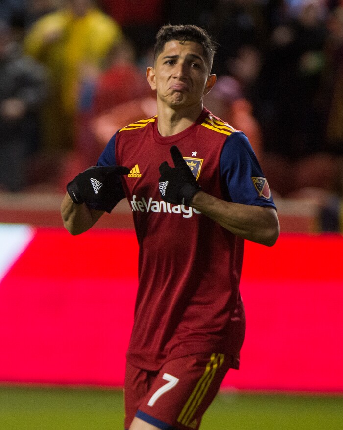 (Rick Egan  |  The Salt Lake Tribune)      Real Salt Lake forward Jefferson Savarino (7) celebrates after scoring a goal, in MLS action between Real Salt Lake and Vancouver Whitecaps, at Rio Tinto Stadium beSaturday, April 7, 2018.


