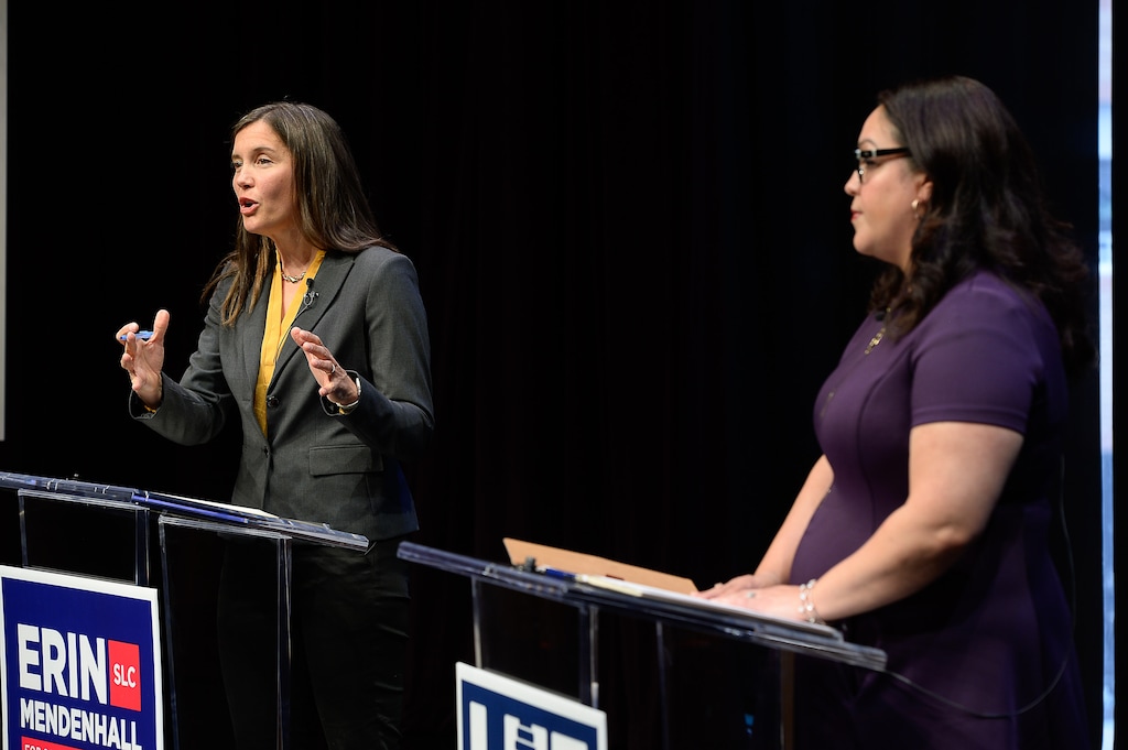 (Francisco Kjolseth | The Salt Lake Tribune) The Downtown Alliance hosts a Salt Lake City mayoral debate between Erin Mendenhall, left, and Luz Escamilla at the Regent Street Black Box at Eccles Theater on Wednesday, October 9, 2019.