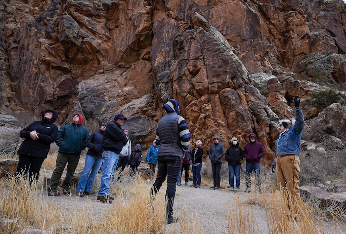 (Leah Hogsten | The Salt Lake Tribune) "We know that for 5,000 years, people have been passing through the Gap," said Nancy Dalton, a guide with the Parawon Heritage Foundation giving an interpretive talk for about 20 people Saturday, Mar. 20, 2021 at the Parowan Gap during the spring equinox observance. "It's fascinating, the information that's here."