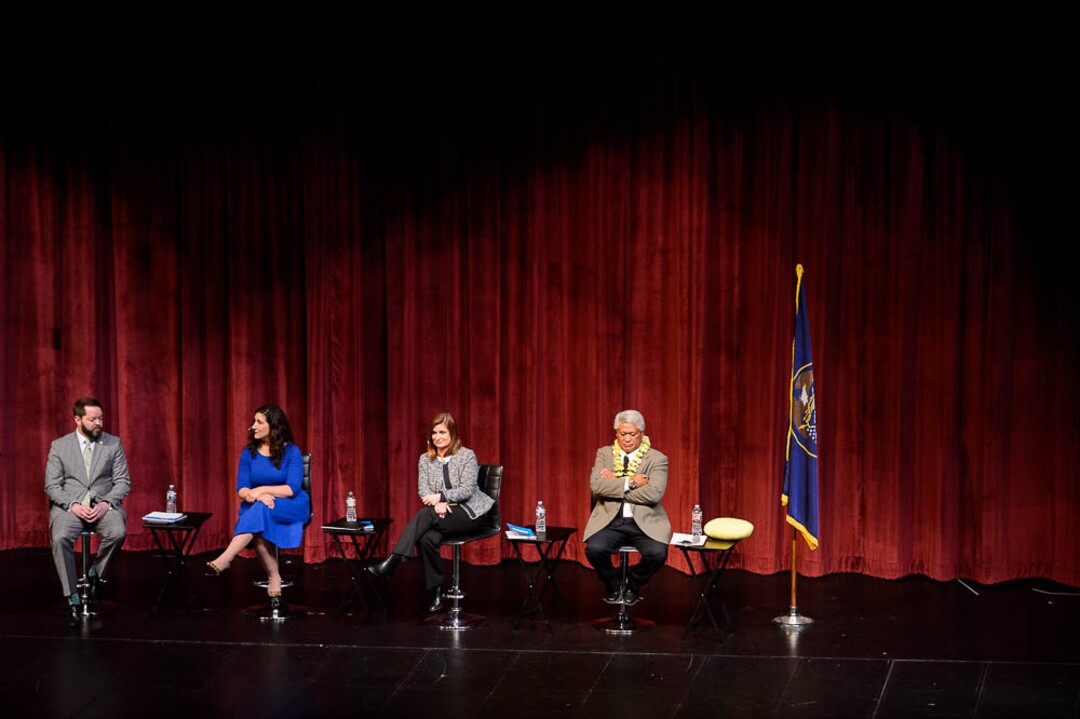 (Trent Nelson | The Salt Lake Tribune)  The four candidates for Salt Lake County mayor face off in a debate at Jordan High School in Sandy on Thursday Jan. 24, 2019. From left, Arlyn Bradshaw, Shireen Ghorbani, Jenny Wilson, and Stone Fonua.