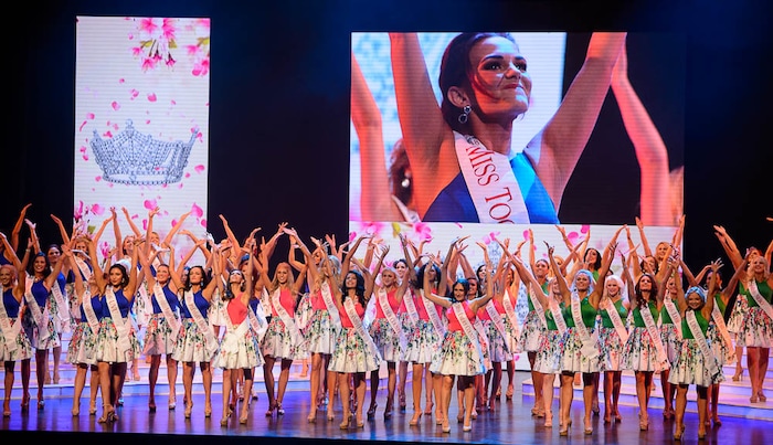 (Trent Nelson | The Salt Lake Tribune)
Contestants perform in the opening number at the Miss Utah pageant in Salt Lake City, Wednesday June 13, 2018.