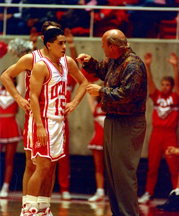 (Rick Egan  |  Tribune File Photo)  Utah point guard Jimmy Soto with coach Rick Majerus during a game at the Huntsman Center.