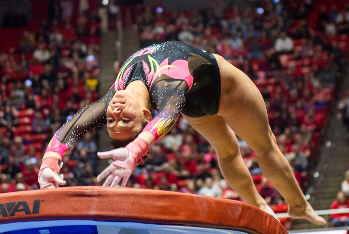 (Rick Egan  |  The Salt Lake Tribune)  Macey Roberts competes on the vault, in PAC-12 Gymnastics action between the Utes and The California Golden Bears, in the Jon M. Huntsman Center, in Salt Lake City, Saturday, Feb. 9, 2019.


