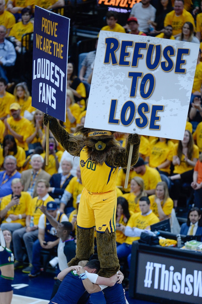 (Francisco Kjolseth | The Salt Lake Tribune) The Jazz Bear tries to keep the fans engaged in the final minutes of game time against the Houston Rockets in Game 4 of the NBA playoffs at the Vivint Smart Home Arena Sunday, May 6, 2018 in Salt Lake City. Houston took a 3-1 series lead over the Jazz with a final score of 100 to 87.