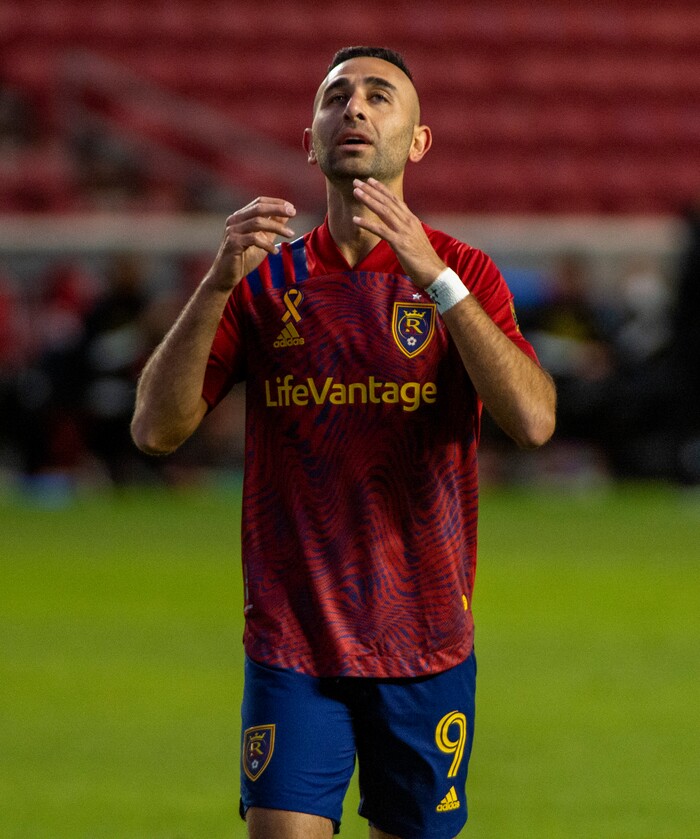 (Rick Egan  |  The Salt Lake Tribune)     Forward Justin Meram (9) reacts after missing a goal for Real Salt Lake in the first period, in MLS soccer action between Real Salt Lake and Los Angeles FC at Rio Tinto Stadium, on Wednesday, Sept. 9, 2020.


