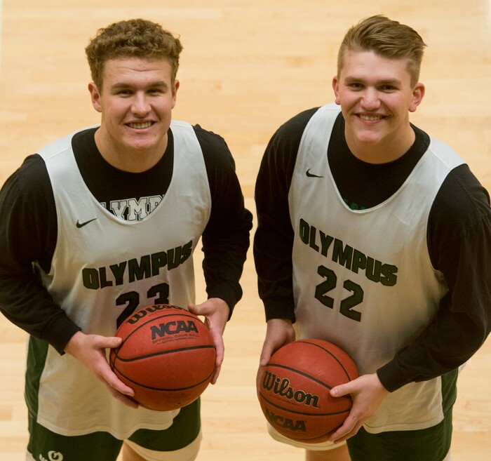 (Rick Egan  |  The Salt Lake Tribune)    Harrison Creer (23) Spencer Jones (22)  are the Olympus boys' basketball team's two big men. They are working well together to make the Titans a force this season. Monday, January 8, 2018.