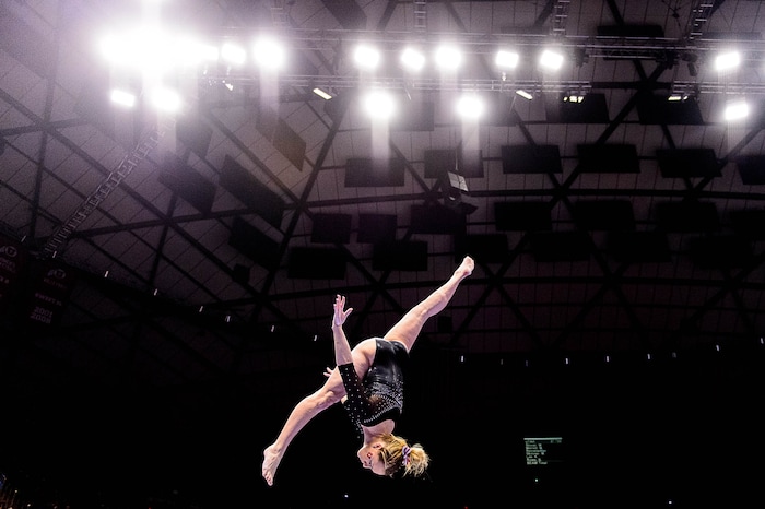 Trent Nelson  |  The Salt Lake TribuneUtah's Maddy Stover on the beam as the University of Utah hosts Cal, NCAA Gymnastics at the Huntsman Center, Saturday February 4, 2017.