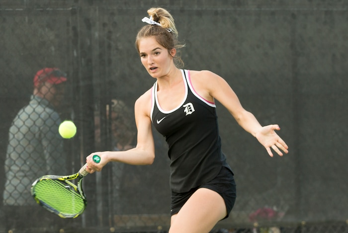 (Rick Egan  |  The Salt Lake Tribune) Mackenzie Turley, Davis High, plays Daniella Aaron, Lone Peak, in the 6A High School tennis championship game.  Turley defeated Aaron to place first in the #1 singles Friday, October 6, 2017.


