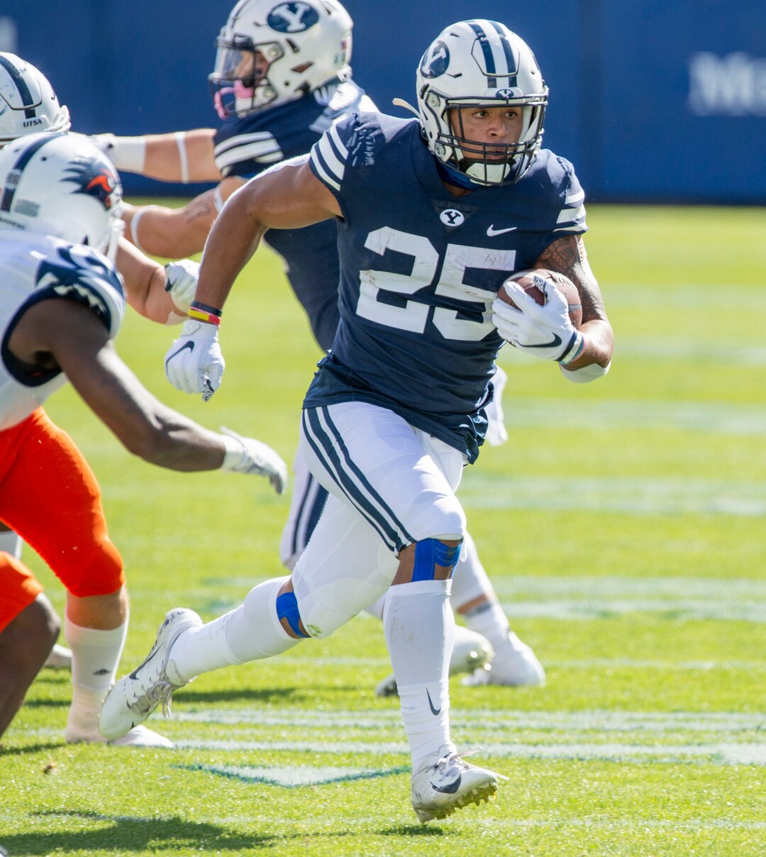 (Rick Egan  |  The Salt Lake Tribune)  Brigham Young running back Tyler Allgeier (25) runs the ball for the Cougars, in football action between the Brigham Young Cougars and the UTSA Roadrunners, at Lavell Edwards stadium, Saturday, Oct. 10, 2020.