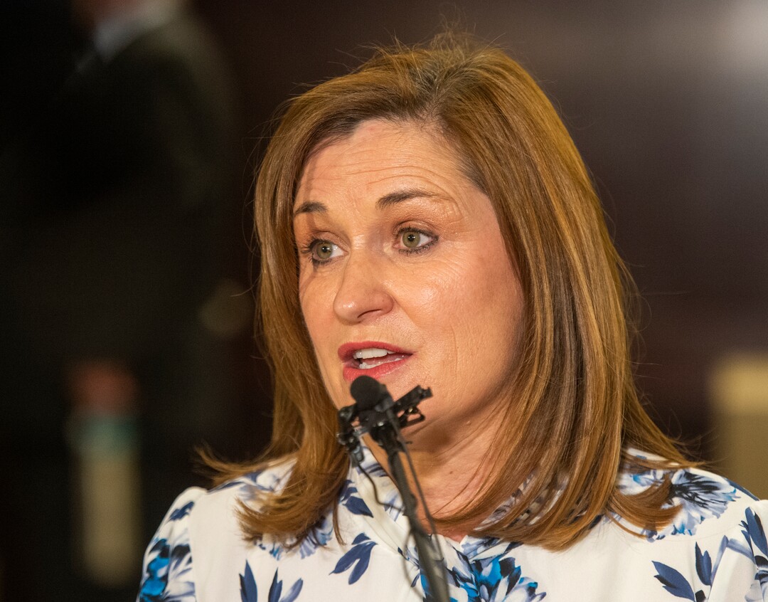 (Rick Egan  |  The Salt Lake Tribune)    New Salt Lake County Mayor Jenny Wilson answers questions from the media, after being sworn in as the new Salt Lake County Mayor, Tuesday, Jan. 29, 2019.