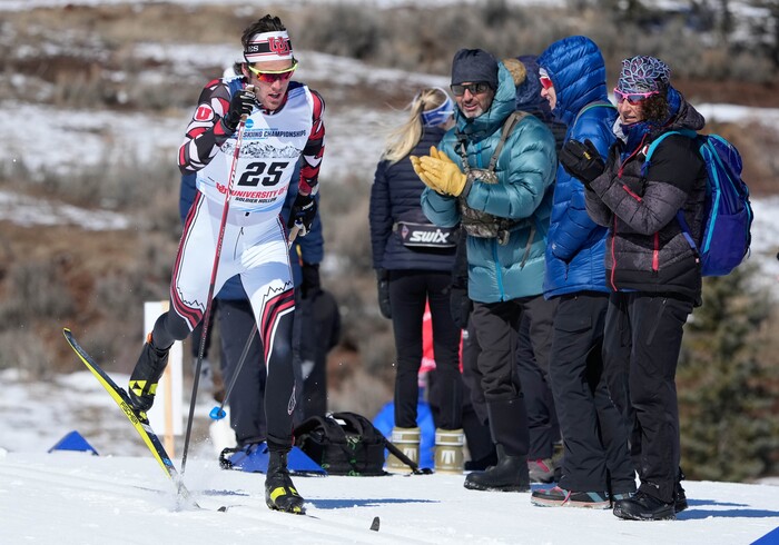 (Francisco Kjolseth | The Salt Lake Tribune) Samuel Hendry of the University of Utah competes in the men’s 10K classic during the NCAA Skiing Championships held at the Soldier Hollow Nordic Center on Thursday, March 10, 2022 in Midway, Utah. 
