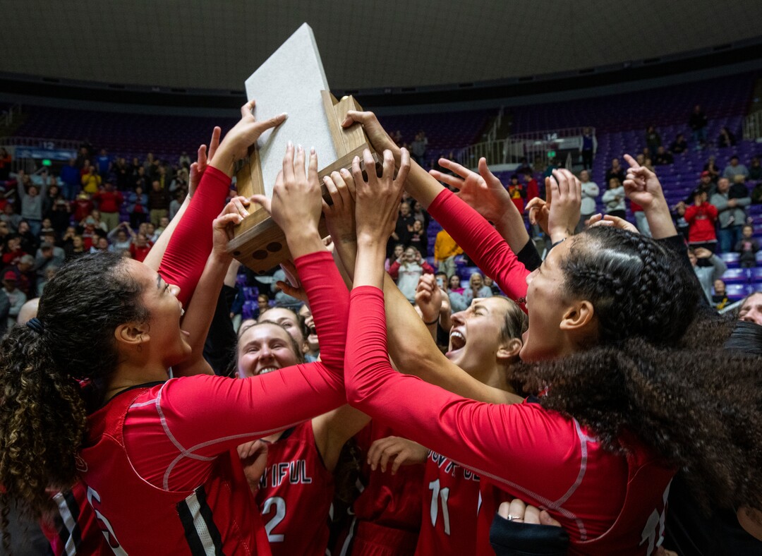 (Rick Egan | The Salt Lake Tribune) The Bountiful Redhawks celebrate their win over the Springville Red Devils, for the Girls 5A State Championship at Weber State, on Saturday, March 4, 2023.